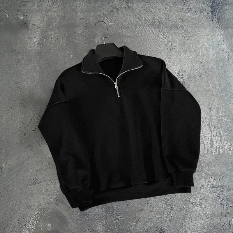 Erkek Yarım Fermuarlı Üç İplik Sweatshirt - Siyah Erkek Yarım Fermuarlı Üç İplik Sweatshirt - Siyah
