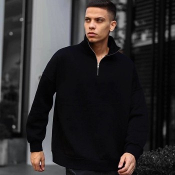 Erkek Yarım Fermuarlı Üç İplik Sweatshirt - Siyah