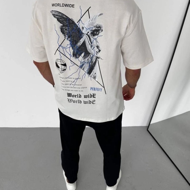 Erkek Yazlık Baskılı Tişört Bisiklet Yaka Kısa Kol Regular Fit T-Shirt - Beyaz Erkek Yazlık Baskılı Tişört Bisiklet Yaka Kısa Kol Regular Fit T-Shirt - Beyaz
