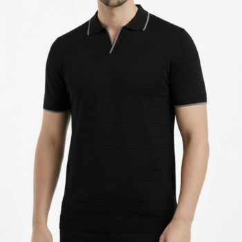 Erkek Yazlık Dokuma Triko Tişört Düğmesiz Polo Yaka Kısa Kol T-Shirt - Siyah Erkek Yazlık Dokuma Triko Tişört Düğmesiz Polo Yaka Kısa Kol T-Shirt - Siyah