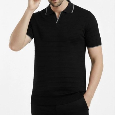 Erkek Yazlık Dokuma Triko Tişört Düğmesiz Polo Yaka Kısa Kol T-Shirt - Siyah