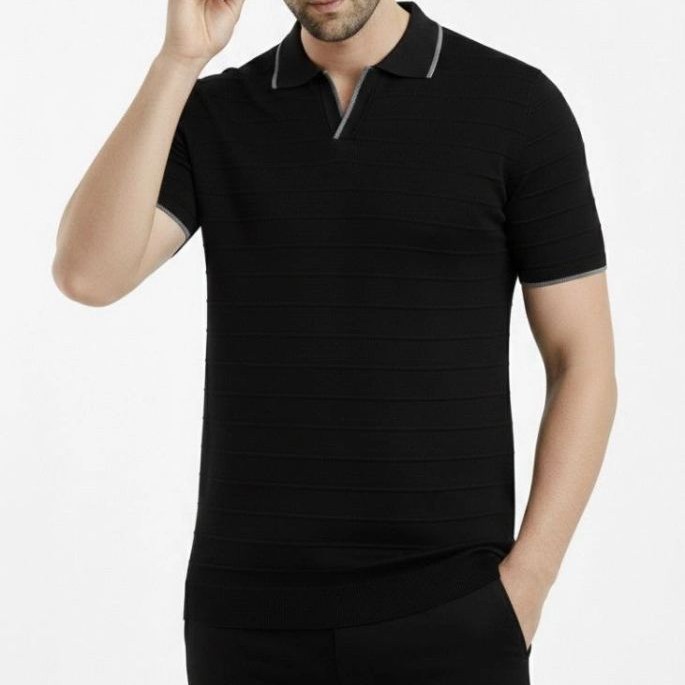 Erkek Yazlık Dokuma Triko Tişört Düğmesiz Polo Yaka Kısa Kol T-Shirt - Siyah