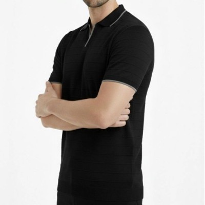 Erkek Yazlık Dokuma Triko Tişört Düğmesiz Polo Yaka Kısa Kol T-Shirt - Siyah