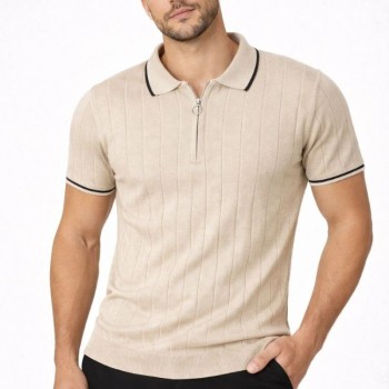 Erkek Yazlık Dokuma Triko Tişört Fermuarlı Polo Yaka Kısa Kol T-Shirt - Bej Erkek Yazlık Dokuma Triko Tişört Fermuarlı Polo Yaka Kısa Kol T-Shirt - Bej