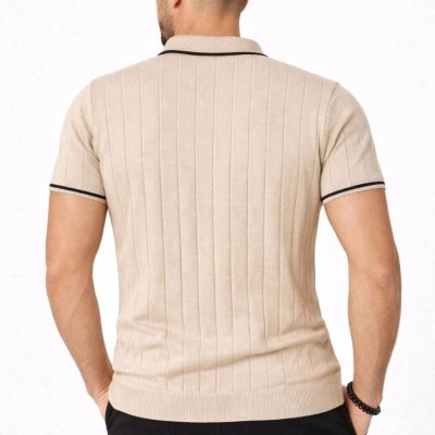 Erkek Yazlık Dokuma Triko Tişört Fermuarlı Polo Yaka Kısa Kol T-Shirt - Bej