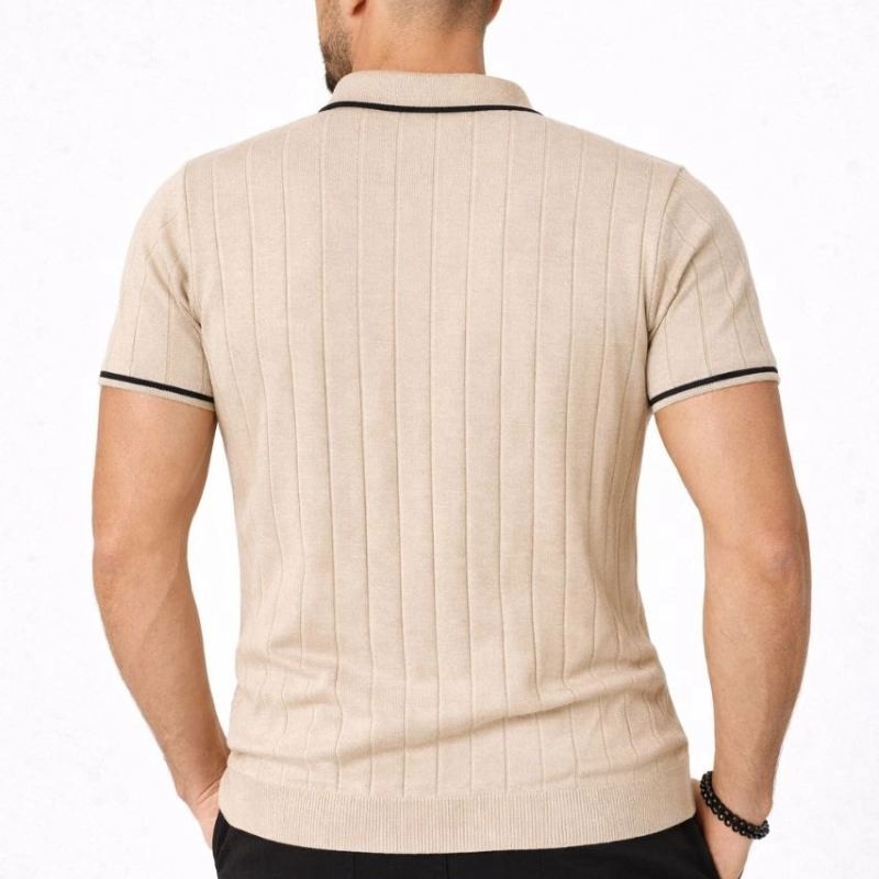 Erkek Yazlık Dokuma Triko Tişört Fermuarlı Polo Yaka Kısa Kol T-Shirt - Bej