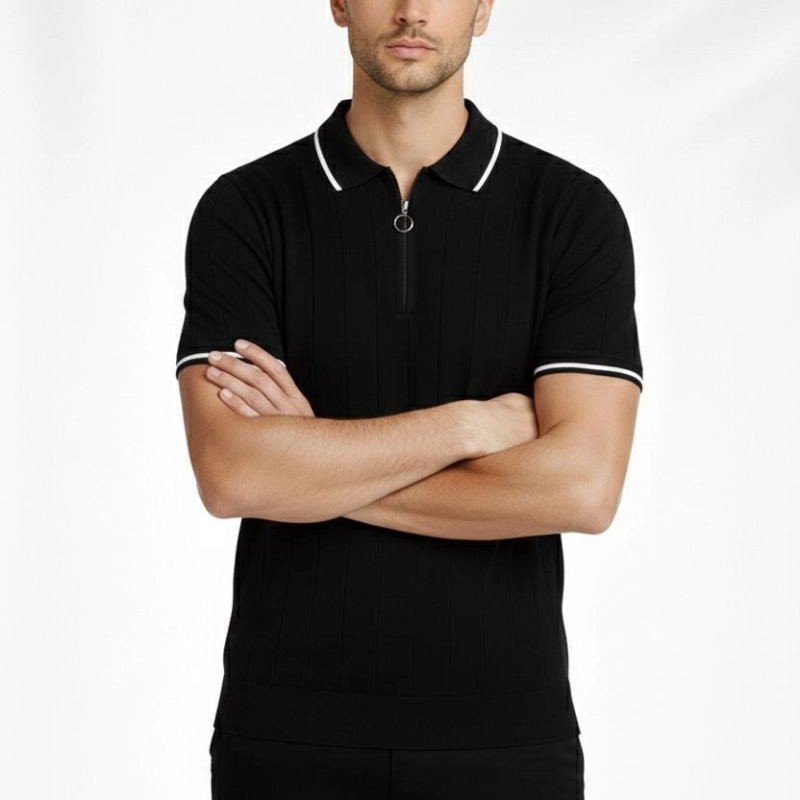 Erkek Yazlık Dokuma Triko Tişört Fermuarlı Polo Yaka Kısa Kol T-Shirt - Siyah