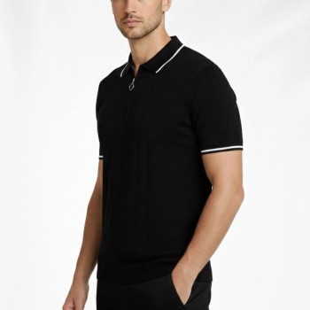 Erkek Yazlık Dokuma Triko Tişört Fermuarlı Polo Yaka Kısa Kol T-Shirt - Siyah