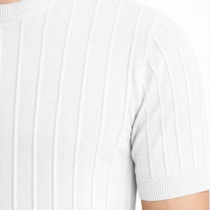 Erkek Yazlık Fitilli Triko Tişört Kısa Kol Bisiklet Yaka T-Shirt - Beyaz Erkek Yazlık Fitilli Triko Tişört Kısa Kol Bisiklet Yaka T-Shirt - Beyaz