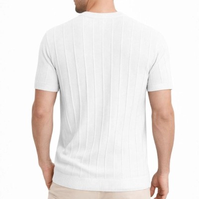 Erkek Yazlık Fitilli Triko Tişört Kısa Kol Bisiklet Yaka T-Shirt - Beyaz Erkek Yazlık Fitilli Triko Tişört Kısa Kol Bisiklet Yaka T-Shirt - Beyaz
