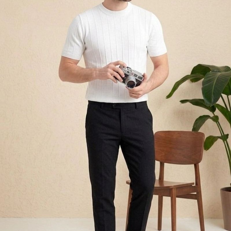 Erkek Yazlık Fitilli Triko Tişört Kısa Kol Bisiklet Yaka T-Shirt - Beyaz Erkek Yazlık Fitilli Triko Tişört Kısa Kol Bisiklet Yaka T-Shirt - Beyaz