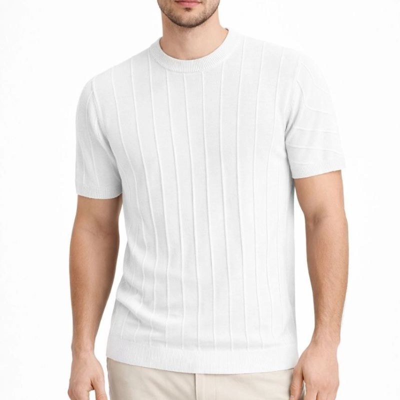 Erkek Yazlık Fitilli Triko Tişört Kısa Kol Bisiklet Yaka T-Shirt - Beyaz Erkek Yazlık Fitilli Triko Tişört Kısa Kol Bisiklet Yaka T-Shirt - Beyaz