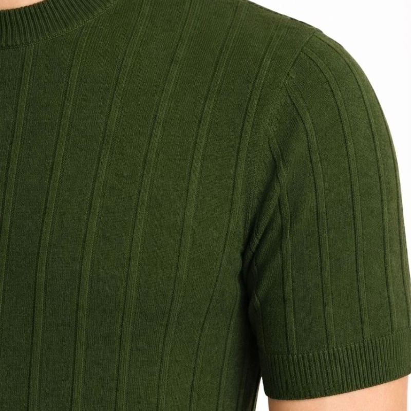 Erkek Yazlık Fitilli Triko Tişört Kısa Kol Bisiklet Yaka T-Shirt - Haki Erkek Yazlık Fitilli Triko Tişört Kısa Kol Bisiklet Yaka T-Shirt - Haki