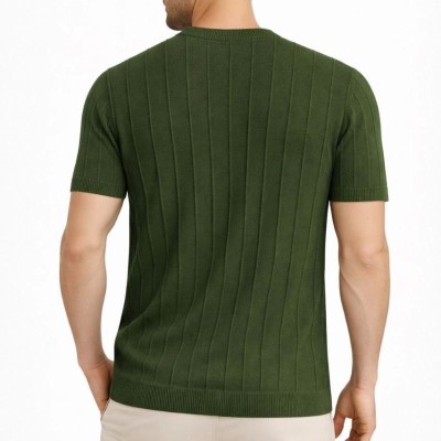 Erkek Yazlık Fitilli Triko Tişört Kısa Kol Bisiklet Yaka T-Shirt - Haki Erkek Yazlık Fitilli Triko Tişört Kısa Kol Bisiklet Yaka T-Shirt - Haki
