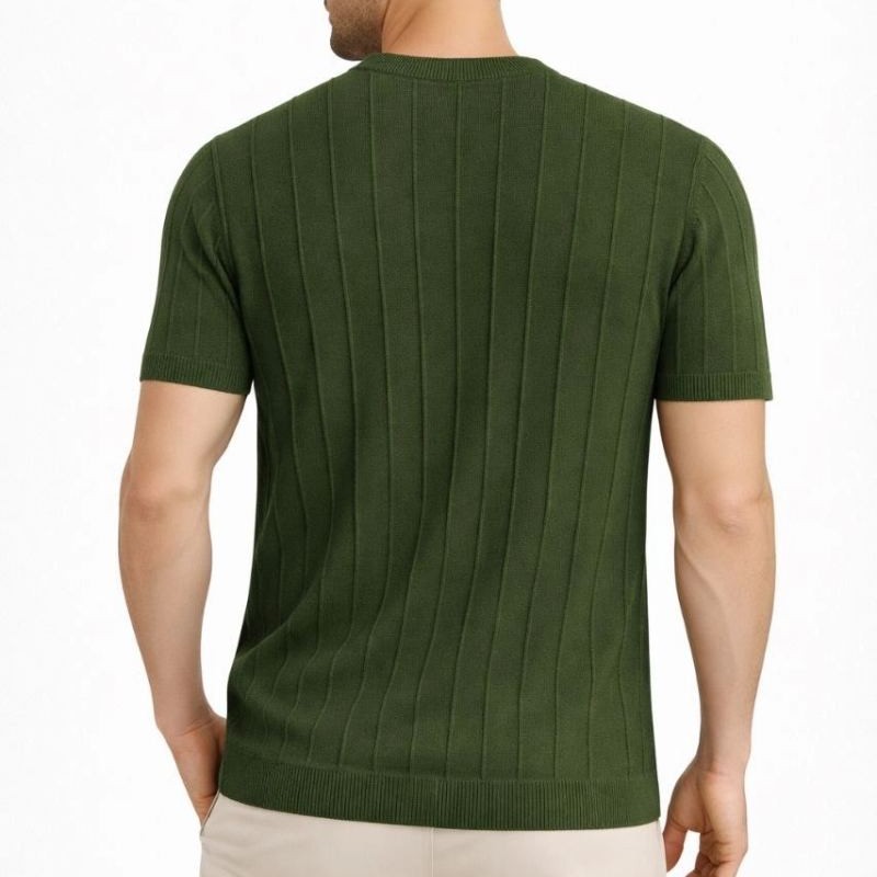 Erkek Yazlık Fitilli Triko Tişört Kısa Kol Bisiklet Yaka T-Shirt - Haki Erkek Yazlık Fitilli Triko Tişört Kısa Kol Bisiklet Yaka T-Shirt - Haki