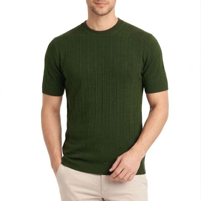 Erkek Yazlık Fitilli Triko Tişört Kısa Kol Bisiklet Yaka T-Shirt - Haki Erkek Yazlık Fitilli Triko Tişört Kısa Kol Bisiklet Yaka T-Shirt - Haki