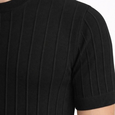 Erkek Yazlık Fitilli Triko Tişört Kısa Kol Bisiklet Yaka T-Shirt - Siyah Erkek Yazlık Fitilli Triko Tişört Kısa Kol Bisiklet Yaka T-Shirt - Siyah