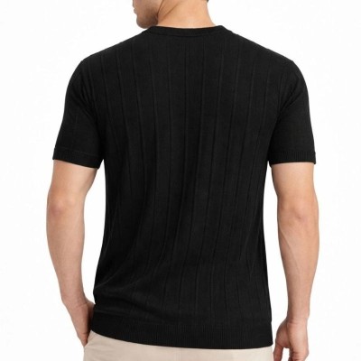 Erkek Yazlık Fitilli Triko Tişört Kısa Kol Bisiklet Yaka T-Shirt - Siyah Erkek Yazlık Fitilli Triko Tişört Kısa Kol Bisiklet Yaka T-Shirt - Siyah