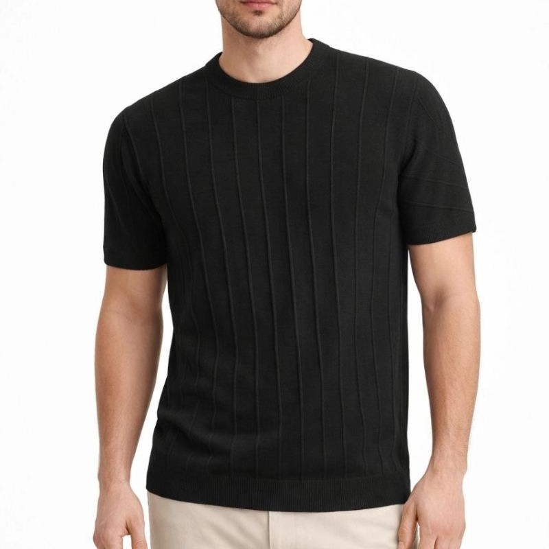 Erkek Yazlık Fitilli Triko Tişört Kısa Kol Bisiklet Yaka T-Shirt - Siyah Erkek Yazlık Fitilli Triko Tişört Kısa Kol Bisiklet Yaka T-Shirt - Siyah