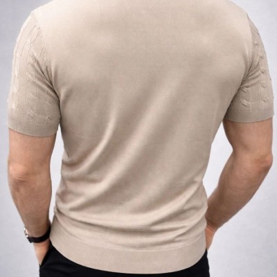 Erkek Yazlık Triko Dokuma Tişört Kısa Kol Bisiklet Yaka Örgü Desenli T-Shirt - Bej Erkek Yazlık Triko Dokuma Tişört Kısa Kol Bisiklet Yaka Örgü Desenli T-Shirt - Bej