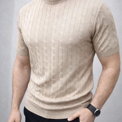 Erkek Yazlık Triko Dokuma Tişört Kısa Kol Bisiklet Yaka Örgü Desenli T-Shirt - Bej Erkek Yazlık Triko Dokuma Tişört Kısa Kol Bisiklet Yaka Örgü Desenli T-Shirt - Bej