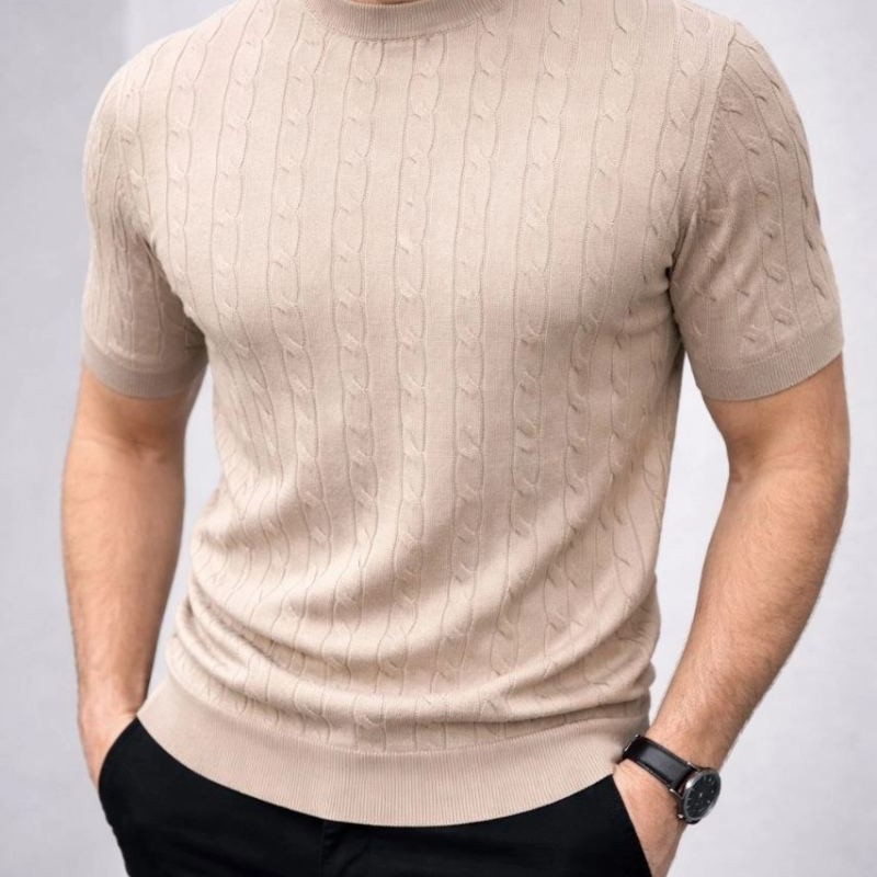 Erkek Yazlık Triko Dokuma Tişört Kısa Kol Bisiklet Yaka Örgü Desenli T-Shirt - Bej Erkek Yazlık Triko Dokuma Tişört Kısa Kol Bisiklet Yaka Örgü Desenli T-Shirt - Bej