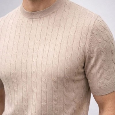 Erkek Yazlık Triko Dokuma Tişört Kısa Kol Bisiklet Yaka Örgü Desenli T-Shirt - Bej Erkek Yazlık Triko Dokuma Tişört Kısa Kol Bisiklet Yaka Örgü Desenli T-Shirt - Bej