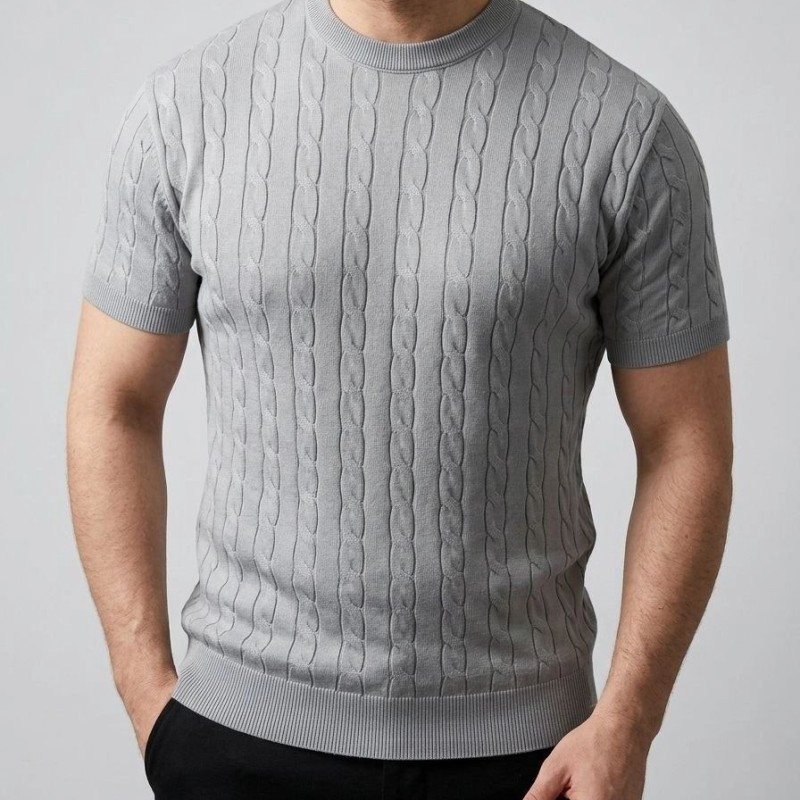 Erkek Yazlık Triko Dokuma Tişört Kısa Kol Bisiklet Yaka Örgü Desenli T-Shirt - Gri Erkek Yazlık Triko Dokuma Tişört Kısa Kol Bisiklet Yaka Örgü Desenli T-Shirt - Gri
