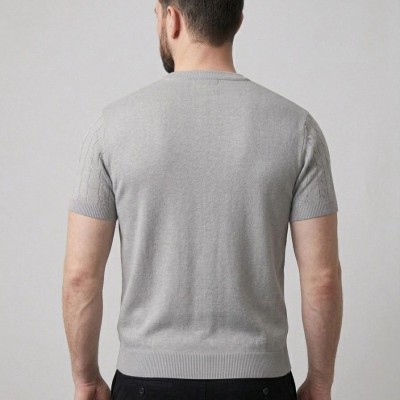 Erkek Yazlık Triko Dokuma Tişört Kısa Kol Bisiklet Yaka Örgü Desenli T-Shirt - Gri Erkek Yazlık Triko Dokuma Tişört Kısa Kol Bisiklet Yaka Örgü Desenli T-Shirt - Gri