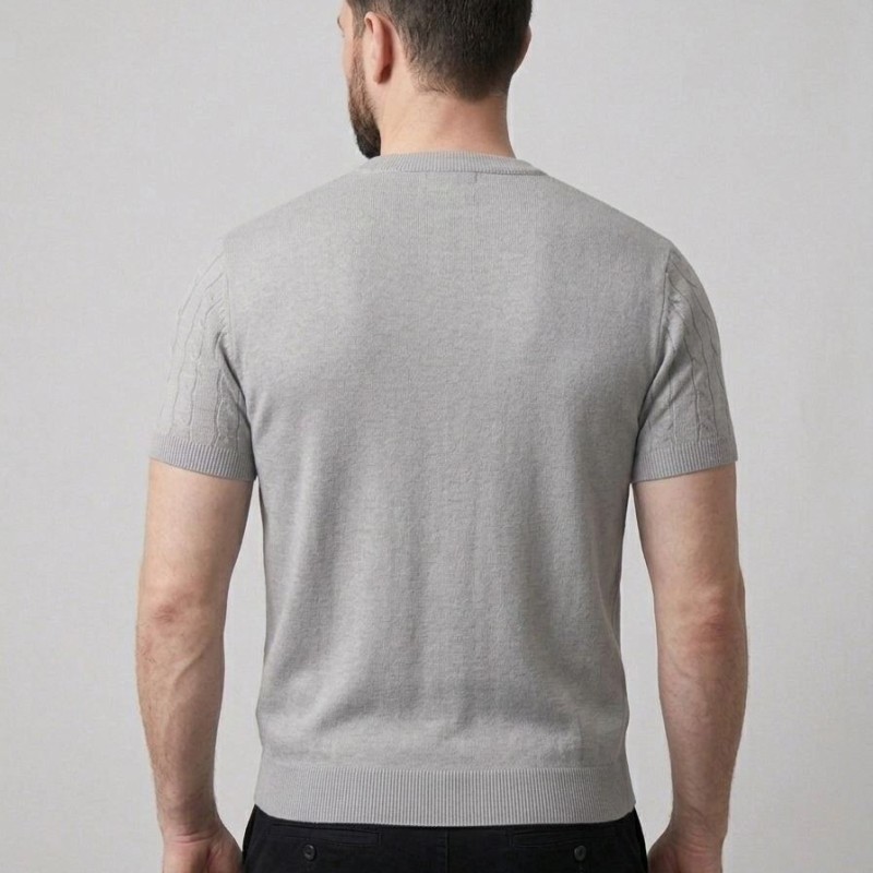 Erkek Yazlık Triko Dokuma Tişört Kısa Kol Bisiklet Yaka Örgü Desenli T-Shirt - Gri Erkek Yazlık Triko Dokuma Tişört Kısa Kol Bisiklet Yaka Örgü Desenli T-Shirt - Gri