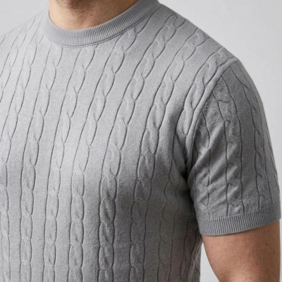 Erkek Yazlık Triko Dokuma Tişört Kısa Kol Bisiklet Yaka Örgü Desenli T-Shirt - Gri Erkek Yazlık Triko Dokuma Tişört Kısa Kol Bisiklet Yaka Örgü Desenli T-Shirt - Gri