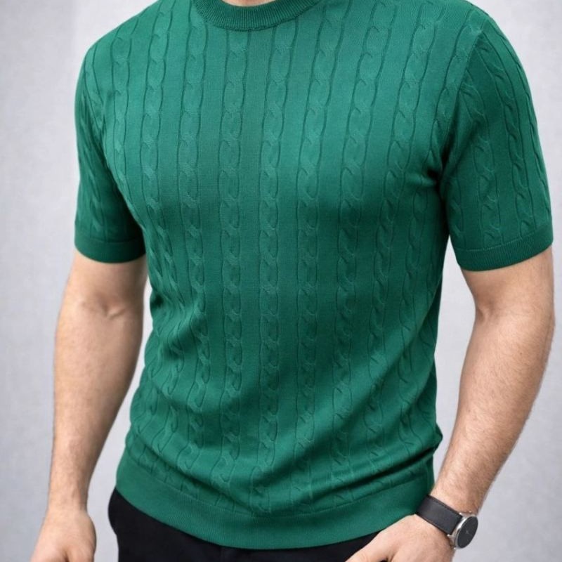 Erkek Yazlık Triko Dokuma Tişört Kısa Kol Bisiklet Yaka Örgü Desenli T-Shirt - Haki Erkek Yazlık Triko Dokuma Tişört Kısa Kol Bisiklet Yaka Örgü Desenli T-Shirt - Haki