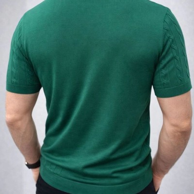 Erkek Yazlık Triko Dokuma Tişört Kısa Kol Bisiklet Yaka Örgü Desenli T-Shirt - Haki Erkek Yazlık Triko Dokuma Tişört Kısa Kol Bisiklet Yaka Örgü Desenli T-Shirt - Haki