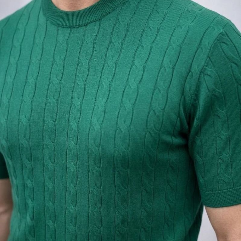 Erkek Yazlık Triko Dokuma Tişört Kısa Kol Bisiklet Yaka Örgü Desenli T-Shirt - Haki Erkek Yazlık Triko Dokuma Tişört Kısa Kol Bisiklet Yaka Örgü Desenli T-Shirt - Haki