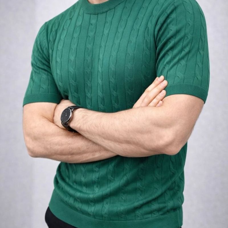 Erkek Yazlık Triko Dokuma Tişört Kısa Kol Bisiklet Yaka Örgü Desenli T-Shirt - Haki Erkek Yazlık Triko Dokuma Tişört Kısa Kol Bisiklet Yaka Örgü Desenli T-Shirt - Haki