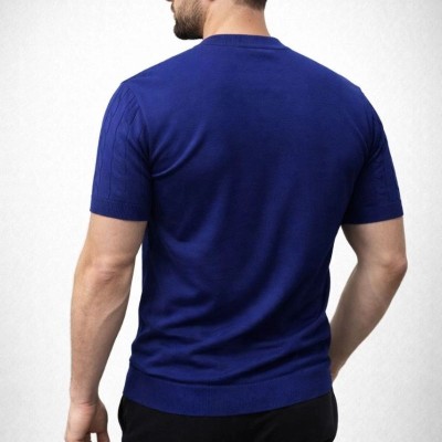 Erkek Yazlık Triko Dokuma Tişört Kısa Kol Bisiklet Yaka Örgü Desenli T-Shirt - Lacivert Erkek Yazlık Triko Dokuma Tişört Kısa Kol Bisiklet Yaka Örgü Desenli T-Shirt - Lacivert