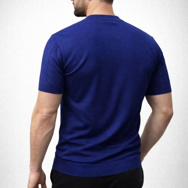 Erkek Yazlık Triko Dokuma Tişört Kısa Kol Bisiklet Yaka Örgü Desenli T-Shirt - Lacivert Erkek Yazlık Triko Dokuma Tişört Kısa Kol Bisiklet Yaka Örgü Desenli T-Shirt - Lacivert