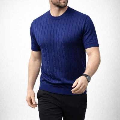 Erkek Yazlık Triko Dokuma Tişört Kısa Kol Bisiklet Yaka Örgü Desenli T-Shirt - Lacivert Erkek Yazlık Triko Dokuma Tişört Kısa Kol Bisiklet Yaka Örgü Desenli T-Shirt - Lacivert