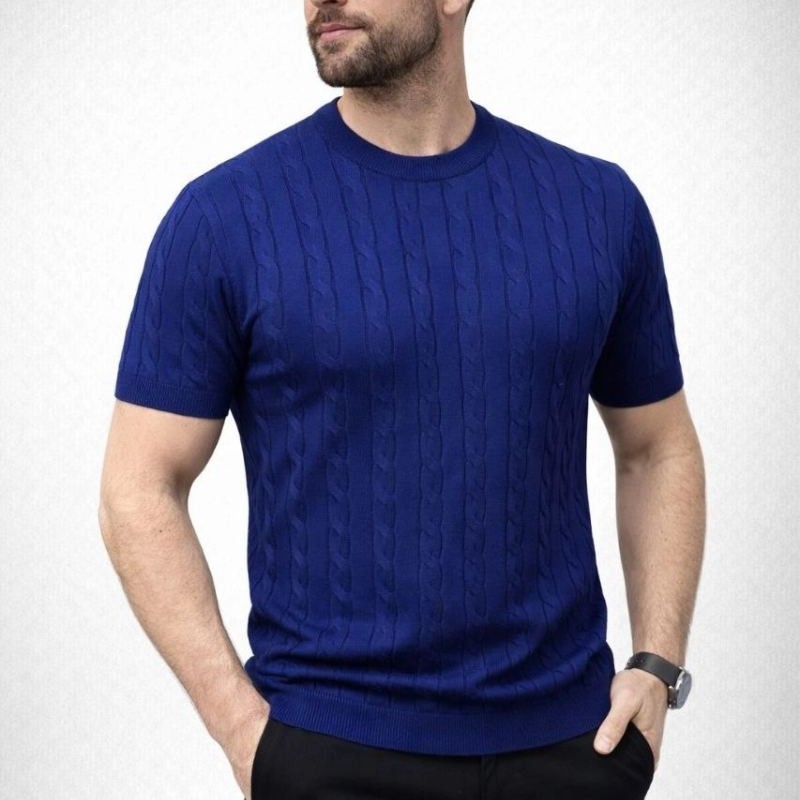 Erkek Yazlık Triko Dokuma Tişört Kısa Kol Bisiklet Yaka Örgü Desenli T-Shirt - Lacivert Erkek Yazlık Triko Dokuma Tişört Kısa Kol Bisiklet Yaka Örgü Desenli T-Shirt - Lacivert