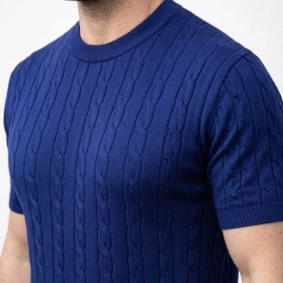 Erkek Yazlık Triko Dokuma Tişört Kısa Kol Bisiklet Yaka Örgü Desenli T-Shirt - Lacivert Erkek Yazlık Triko Dokuma Tişört Kısa Kol Bisiklet Yaka Örgü Desenli T-Shirt - Lacivert