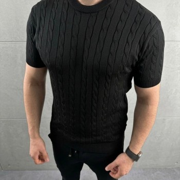 Erkek Yazlık Triko Dokuma Tişört Kısa Kol Bisiklet Yaka Örgü Desenli T-Shirt - Siyah