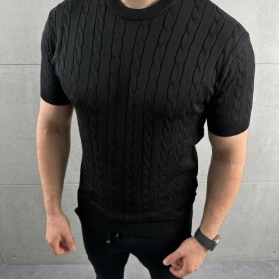 Erkek Yazlık Triko Dokuma Tişört Kısa Kol Bisiklet Yaka Örgü Desenli T-Shirt - Siyah Erkek Yazlık Triko Dokuma Tişört Kısa Kol Bisiklet Yaka Örgü Desenli T-Shirt - Siyah