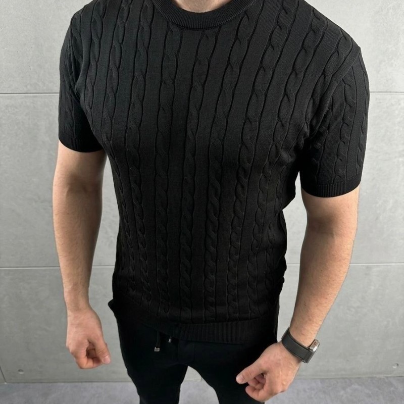 Erkek Yazlık Triko Dokuma Tişört Kısa Kol Bisiklet Yaka Örgü Desenli T-Shirt - Siyah Erkek Yazlık Triko Dokuma Tişört Kısa Kol Bisiklet Yaka Örgü Desenli T-Shirt - Siyah