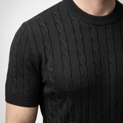 Erkek Yazlık Triko Dokuma Tişört Kısa Kol Bisiklet Yaka Örgü Desenli T-Shirt - Siyah Erkek Yazlık Triko Dokuma Tişört Kısa Kol Bisiklet Yaka Örgü Desenli T-Shirt - Siyah