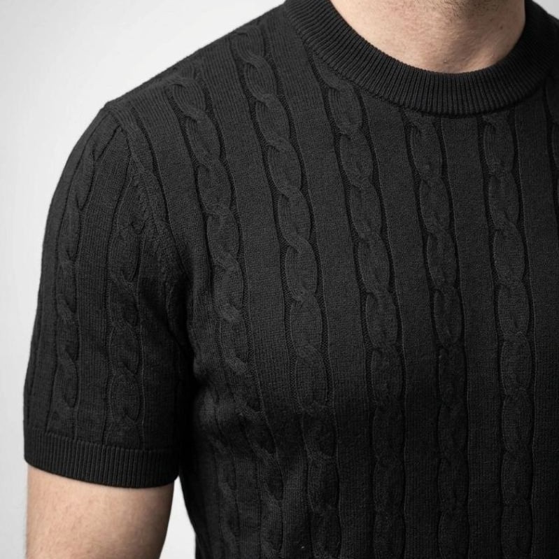 Erkek Yazlık Triko Dokuma Tişört Kısa Kol Bisiklet Yaka Örgü Desenli T-Shirt - Siyah Erkek Yazlık Triko Dokuma Tişört Kısa Kol Bisiklet Yaka Örgü Desenli T-Shirt - Siyah
