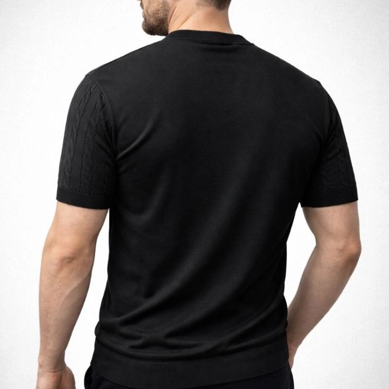 Erkek Yazlık Triko Dokuma Tişört Kısa Kol Bisiklet Yaka Örgü Desenli T-Shirt - Siyah Erkek Yazlık Triko Dokuma Tişört Kısa Kol Bisiklet Yaka Örgü Desenli T-Shirt - Siyah