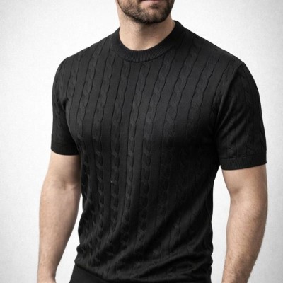 Erkek Yazlık Triko Dokuma Tişört Kısa Kol Bisiklet Yaka Örgü Desenli T-Shirt - Siyah Erkek Yazlık Triko Dokuma Tişört Kısa Kol Bisiklet Yaka Örgü Desenli T-Shirt - Siyah