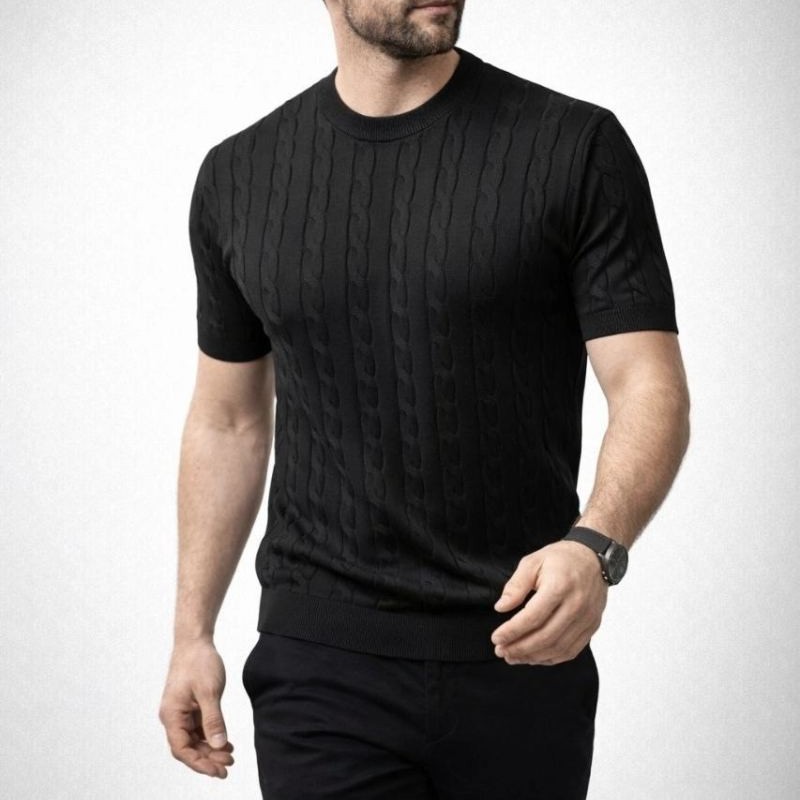 Erkek Yazlık Triko Dokuma Tişört Kısa Kol Bisiklet Yaka Örgü Desenli T-Shirt - Siyah Erkek Yazlık Triko Dokuma Tişört Kısa Kol Bisiklet Yaka Örgü Desenli T-Shirt - Siyah