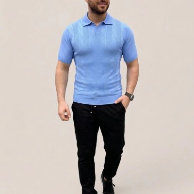 Erkek Yazlık Triko Dokuma Tişört Kısa Kol Polo Yaka T-Shirt - Bebek Mavisi Erkek Yazlık Triko Dokuma Tişört Kısa Kol Polo Yaka T-Shirt - Bebek Mavisi