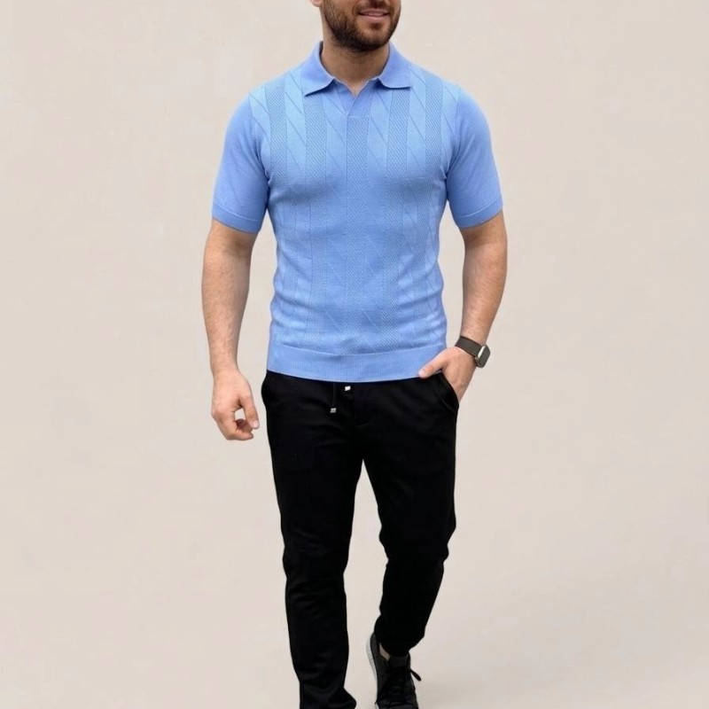 Erkek Yazlık Triko Dokuma Tişört Kısa Kol Polo Yaka T-Shirt - Bebek Mavisi Erkek Yazlık Triko Dokuma Tişört Kısa Kol Polo Yaka T-Shirt - Bebek Mavisi